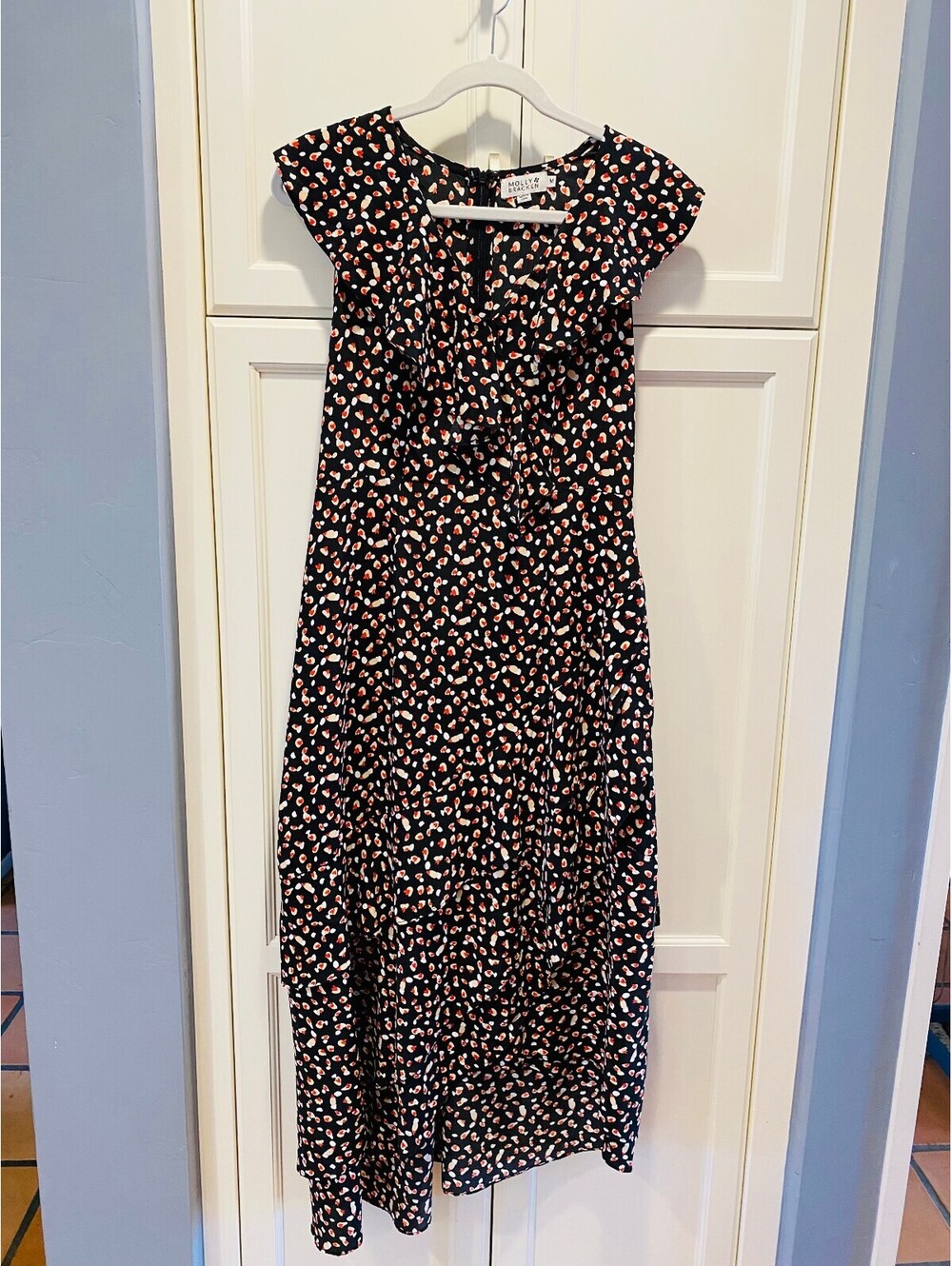 Molly Bracken Women's M Black Heart Print Midi Dress/ Asymmetrical Ruffle Hem